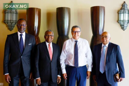 (L-R) Tidjane Thiam, Executive Chairman, Freedom Acquisition 1 Corporation; Aliko Dangote, Group President, President/CE, Dangote Industries; Aziz Akhannouch, Prime Minister of Morocco; Dr. Mo Ibrahim, Founder and Chair of Mo Ibrahim Foundation at a side meeting during the World Bank Group and IMF Annual Meeting in Marrakech, Morocco.