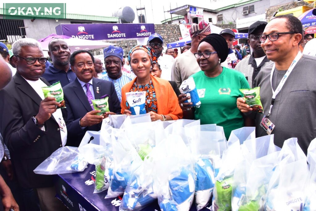 L-R: Vice President, LCCI and Chairman, Trade Promotion Board, Engr. Leye Kupoluyi; President, Lagos Chamber of Commerce and Industry (LCCI), Asiwaju Michael Olawale Cole; Group Executive Director, Commercial Operations, Dangote Industries Limited, Fatima Aliko Dangote; Director-General, LCCI, Chinyere Almona; Group Chief Branding and Communications Officer, Dangote Industries Limited, Anthony Chiejina, display the Dangote Products during the Dangote Industries Special Day at 2023 Lagos International Trade Fair in Lagos, on Wednesday, November 8, 2023