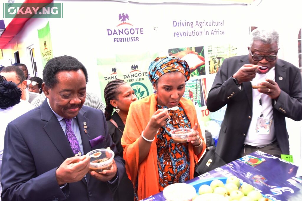 L-R: President, Lagos Chamber of Commerce and Industry (LCCI), Asiwaju Michael Olawale Cole; Vice President, LCCI and Chairman, Trade Promotion Board, Engr. Leye Kupoluyi; Group Executive Director, Commercial Operations, Dangote Industries Limited, Fatima Aliko Dangote; having a taste of soup produce with Dangote Products during the Dangote Industries Special Day at 2023 Lagos International Trade Fair in Lagos, on Wednesday, November 8, 2023