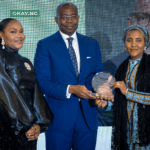 L-R : Dr. Tinuola Akinbolagbe, MD/CEO Private Sector Health Alliance of Nigeria (PSHAN); Aigboje Aig-Imoukhuede (CON), Director, PSHAN; Fatima Aliko-Dangote, G.E.D Commercial Operations receiving the "Outstanding Philanthropy" award on behalf of Chairman, Aliko Dangote Foundation, Aliko Dangote during the PSHAN Gala and Awards night in Lagos recently.