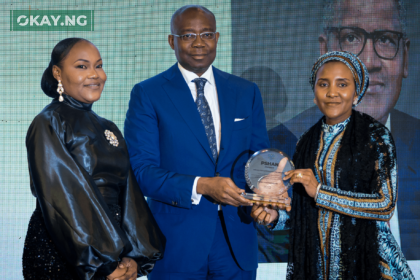 L-R : Dr. Tinuola Akinbolagbe, MD/CEO Private Sector Health Alliance of Nigeria (PSHAN); Aigboje Aig-Imoukhuede (CON), Director, PSHAN; Fatima Aliko-Dangote, G.E.D Commercial Operations receiving the "Outstanding Philanthropy" award on behalf of Chairman, Aliko Dangote Foundation, Aliko Dangote during the PSHAN Gala and Awards night in Lagos recently.