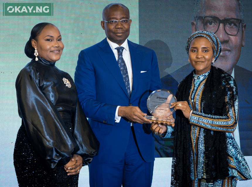 L-R : Dr. Tinuola Akinbolagbe, MD/CEO Private Sector Health Alliance of Nigeria (PSHAN); Aigboje Aig-Imoukhuede (CON), Director, PSHAN; Fatima Aliko-Dangote, G.E.D Commercial Operations receiving the "Outstanding Philanthropy" award on behalf of Chairman, Aliko Dangote Foundation, Aliko Dangote during the PSHAN Gala and Awards night in Lagos recently.