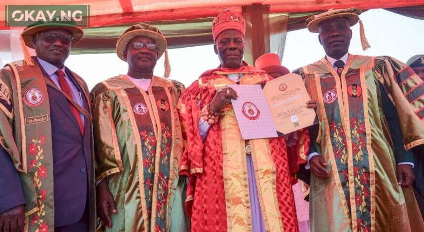 The Chancellor of the Nigerian Army University, Biu (NAUB), and the Orodje of Okpe Kingdom, HRM Major General Felix Mujakperuo (rtd), Orhue I, CFR, mni, displaying the Doctor of Letters Degree, honoris causa conferred on him by the University; flanked by the Pro-Chancellor and Chairman of Governing Council of the University and Chief of Army Staff, Lt.-General Taoreed Lagbaja (R); representative of the Visitor to the University and President of Nigeria and Commander-in-Chief of the Armed Forces, His Excellency Bola Ahmed Tinubu, the Honorable Minister of Education, Professor Tahir Mamman and the Vice Chancellor of Nigerian Army University, Biu, Professor Kyari Mohammed (L), during the graduation ceremony of the Nigerian Army University, Biu (NAUB), recently