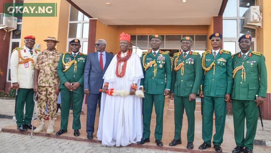 The Chancellor of the Nigerian Army University, Biu (NAUB), and the Orodje of Okpe Kingdom, HRM Major General Felix Mujakperuo (rtd), Orhue I, CFR, mni, flanked by the Pro-Chancellor and Chairman of Governing Council of the University and Chief of Army Staff, Lt.-General Taoreed Lagbaja (Immediate Right); the Vice Chancellor of Nigerian Army University, Biu, Professor Kyari Mohammed (Immediate Left) and other military officers during the recent graduation ceremony of the Nigerian Army University, Biu (NAUB) in Borno State.