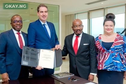 L-R: Group Managing Director/CEO, Zenith Bank Plc, Dr. Ebenezer Onyeagwu; French Minister for Trade, Attractiveness and French Nationals Abroad, Mr. Olivier Becht; Founder and Chairman of Zenith Bank Plc, Jim Ovia, CFR, and French Ambassador to Nigeria, Emmanuelle Blatmann during the signing of a Memorandum of Understanding (MoU) with the French Government for the establishment of a subsidiary in France, recently.