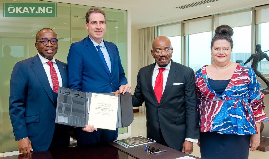 L-R: Group Managing Director/CEO, Zenith Bank Plc, Dr. Ebenezer Onyeagwu; French Minister for Trade, Attractiveness and French Nationals Abroad, Mr. Olivier Becht; Founder and Chairman of Zenith Bank Plc, Jim Ovia, CFR, and French Ambassador to Nigeria, Emmanuelle Blatmann during the signing of a Memorandum of Understanding (MoU) with the French Government for the establishment of a subsidiary in France, recently.