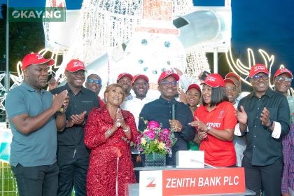 The Group Managing Director/CEO of Zenith Bank Plc, Dr. Ebenezer Onyeagwu (4th Left) flanked by the wife of the Founder and Chairman of Zenith Bank Plc, Mrs. Kay Ovia (3rd Left); Executive Director, Mr. Henry Oroh (1st Left); Executive Director, Dr. Temitope Fasoranti (2nd Left); Executive Director, Mrs Adobi Nwapa (2nd Right); and Executive Director, Mr. Akin Ogunranti (1st Right) at the 2023 Zenith Bank Christmas Light-Up of Ajose Adeogun Street, Victoria Island, Lagos at the weekend.