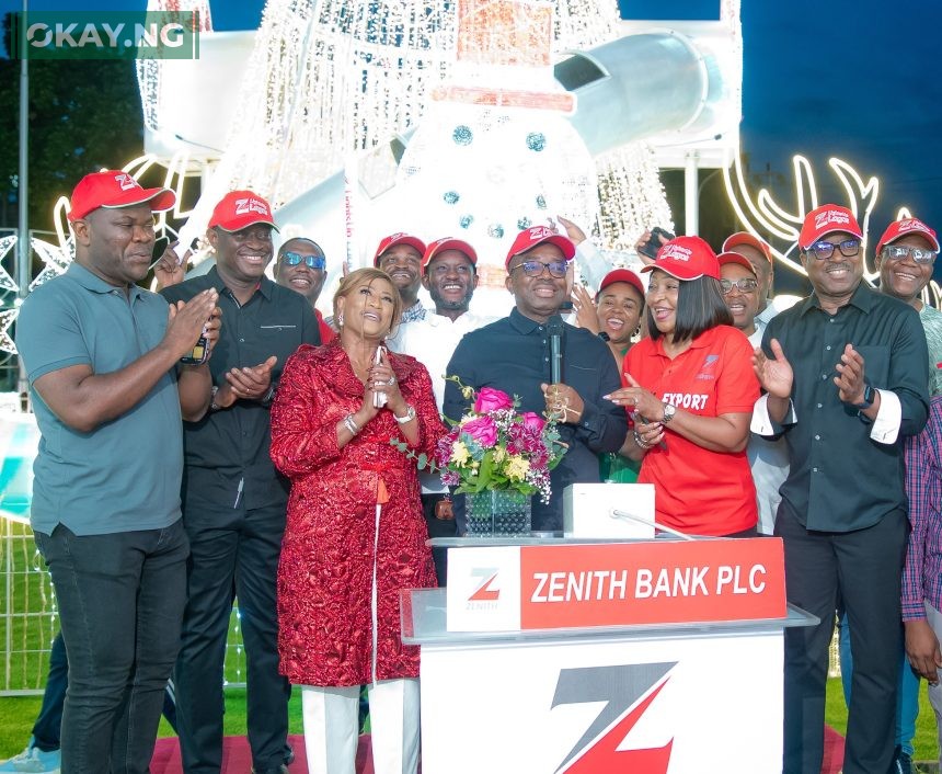 The Group Managing Director/CEO of Zenith Bank Plc, Dr. Ebenezer Onyeagwu (4th Left) flanked by the wife of the Founder and Chairman of Zenith Bank Plc, Mrs. Kay Ovia (3rd Left); Executive Director, Mr. Henry Oroh (1st Left); Executive Director, Dr. Temitope Fasoranti (2nd Left); Executive Director, Mrs Adobi Nwapa (2nd Right); and Executive Director, Mr. Akin Ogunranti (1st Right) at the 2023 Zenith Bank Christmas Light-Up of Ajose Adeogun Street, Victoria Island, Lagos at the weekend.