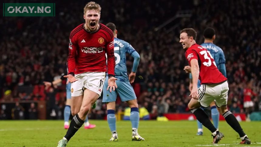 Rasmus Hojlund celebrates scoring for Manchester United against Aston Villa