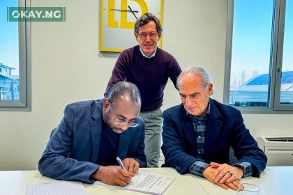 The Director General of NITDA, Kashifu Inuwa CCIE, with Mr Luciano Prosperi, President of De Lorenzo SpA, during the signing of the formal attestation of the donation of 1000 E-Learning Solutions to NITDA, held in Milan, Italy