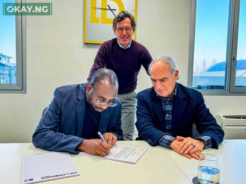 The Director General of NITDA, Kashifu Inuwa CCIE, with Mr Luciano Prosperi, President of De Lorenzo SpA, during the signing of the formal attestation of the donation of 1000 E-Learning Solutions to NITDA, held in Milan, Italy