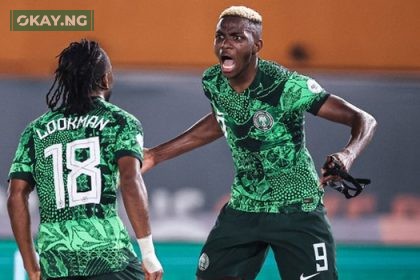 Nigeria’s forward #18 Ademola Lookman (L) celebrates scoring his team’s first goal with Nigeria’s forward #9 Victor Osimhen during the Africa Cup of Nations 2023 round of 16 football match between Nigeria and Cameroon at the Felix Houphouet-Boigny Stadium in Abidjan on January 27, 2024.