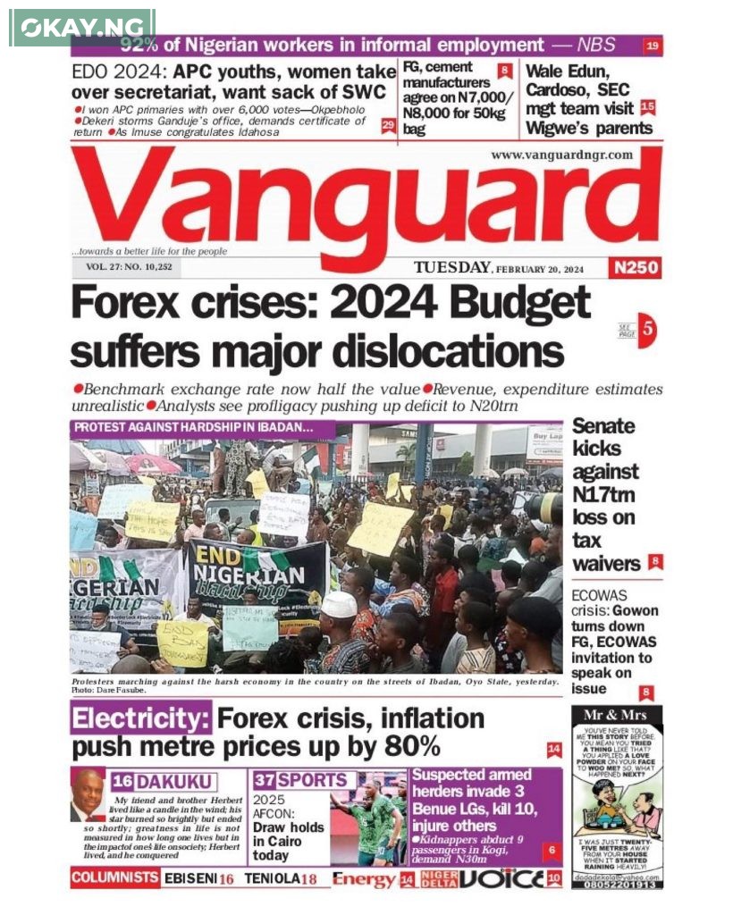 Front Page of VANGUARD NEWSPAPERS - 20th Feb 2024