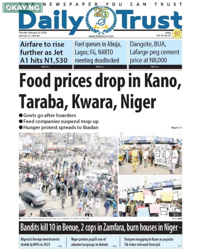 Front Page of  DAILY TRUST NEWSPAPERS - 20th Feb 2024