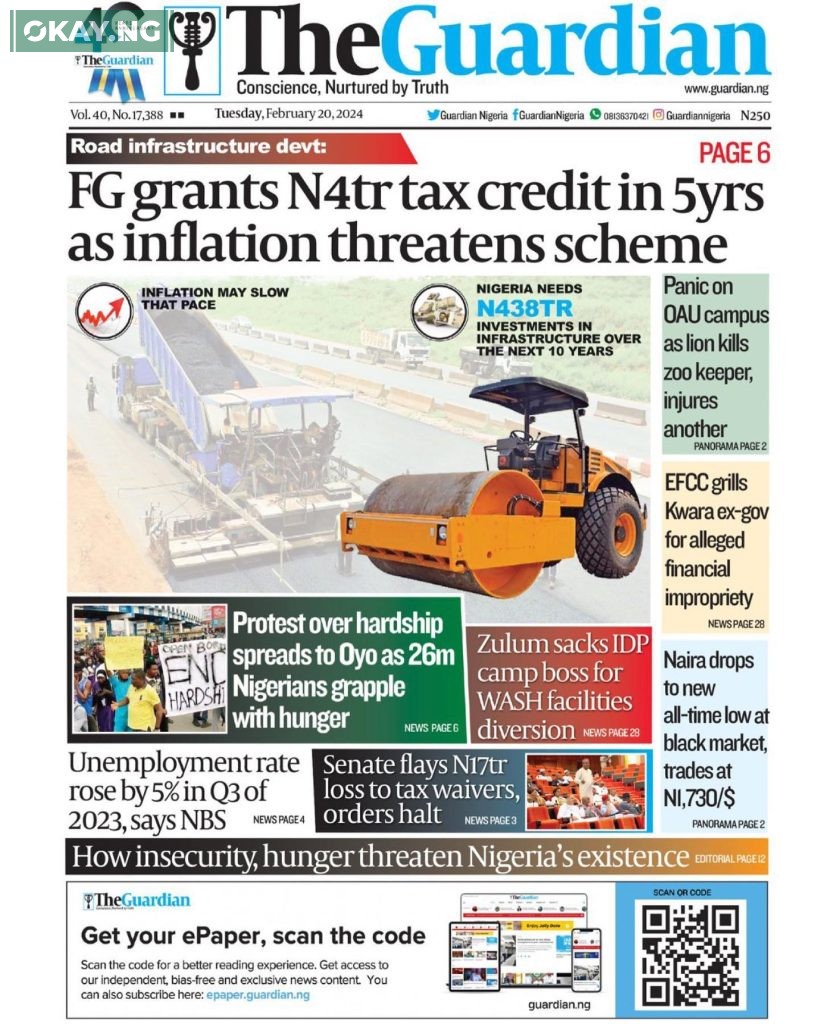 Front Page of THE GUARDIAN NIGERIA NEWSPAPERS - 20th Feb 2024