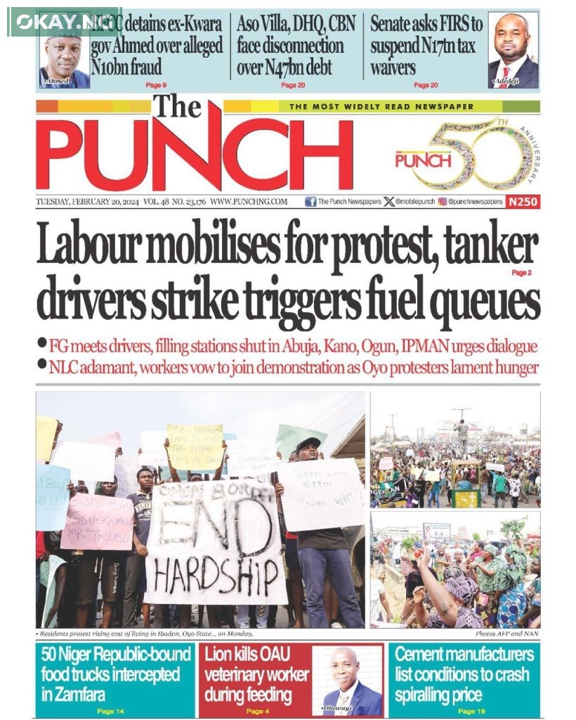 Front Page of PUNCH NEWSPAPERS - 20th Feb 2024