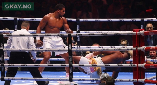 British boxer Anthony Joshua (L) competes with Cameroonian-French boxer Francis Ngannou during their heavyweight boxing match in Riyadh's Kingdom Arena indoor stadium, on March 9, 2024. (Photo by Fayez Nureldine / AFP)