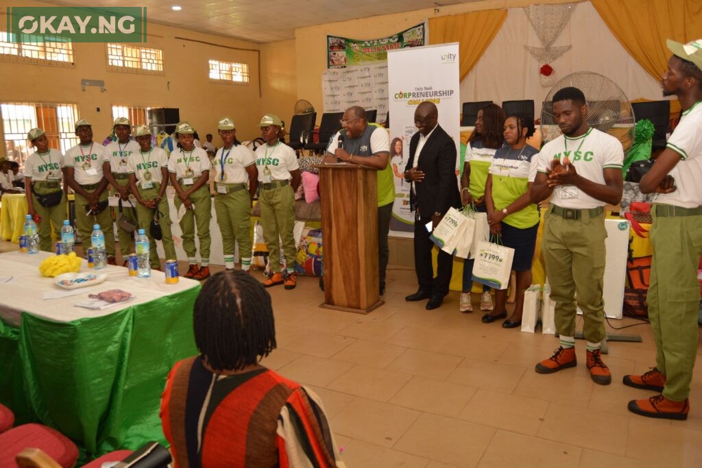 Head, SME Banking, Dr. Opeyemi Ojesina addresses the participants at Delta NYSC Orientation camp before the commencement of the pitch presentation