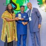 L-R: Managing Director, Shell Nigeria Exploration and Production Company Limited (SNEPCo,) Elohor Aiboni; Minister of State for Petroleum Resources, Gas, Ekperikpe Ekpo; and Managing Director, The Shell Petroleum Development Company of Nigeria Ltd (SPDC) and Country Chair of Shell Companies in Nigeria, Osagie Okunbor receiving the 2023 best exhibitor award at the Gala Dinner and Award Nite at the State House Banquet Hall, Abuja... on Tuesday.