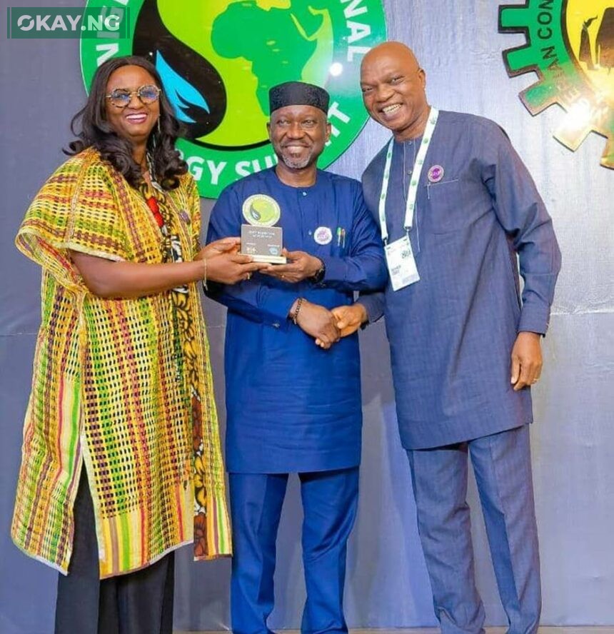 L-R: Managing Director, Shell Nigeria Exploration and Production Company Limited (SNEPCo,) Elohor Aiboni; Minister of State for Petroleum Resources, Gas, Ekperikpe Ekpo; and Managing Director, The Shell Petroleum Development Company of Nigeria Ltd (SPDC) and Country Chair of Shell Companies in Nigeria, Osagie Okunbor receiving the 2023 best exhibitor award at the Gala Dinner and Award Nite at the State House Banquet Hall, Abuja... on Tuesday.