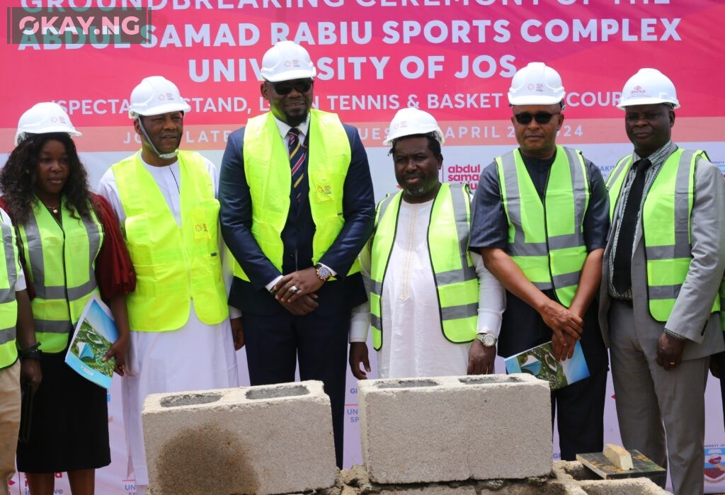 L-R: Mrs. Nansik Tyoden (Representing Registrar, UNIJOS), Prof. Tanko Ishaya (Vice-Chancellor), Dr. Ubon Udoh (MD/CEO, ASR Africa), Prof. Joash Amupitan, SAN (Dep, Vice-Chancellor, Administration), Prof. Bawa Muhammed (President, Nigeria University Games Association) and Mr. Philip Umbugala (Bursar, UNIJOS) during the groundbreaking ceremony of the ultra-modern Abdul Samad Rabiu Sports Complex at the University of Jos