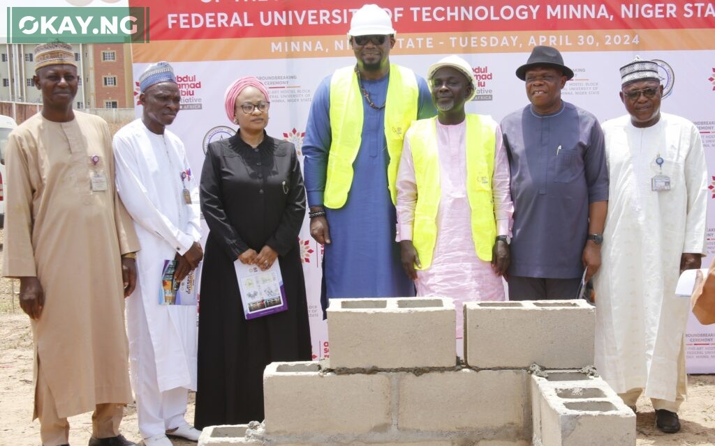 Prof. Abdullahi Mohammed (Dep. Vice Chancellor, Academic), Prof Katamba A. Saka (Chief Librarian), Mrs. Hadiza Goje (Bursar), Dr. Ubon Udoh (MD/CEO, ASR Africa), Prof Faruk Adamu Kuta (Vice Chancellor), Prof Uno Uno, (Deputy Vice Chancellor, Admin) and Mr. Amos Kolo (Registrar) during the groundbreaking ceremony which held at the Fed. University of Technology, Minna.