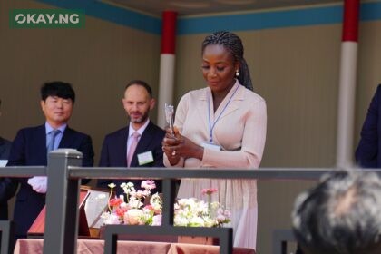 Mrs Olu Verheijen, the Special Adviser to the President on Energy and vessel's Sponsor Lady and Godmother, christens AKTORAS, an eco-friendly vessel chartered by Bonny Gas Transport Limited (BGT), a subsidiary of Nigeria LNG Limited (NLNG), in Mokpo, South Korea…on Friday.