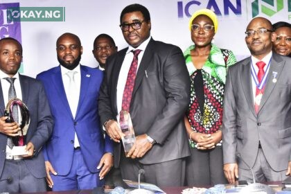 L-R: Head, External Report, Finance, Dangote Cement Plc, Paul Masvongo; Chief Executive Officer, NGX Regulation Limited, Olufemi Shobanjo; Chief Financial Officer, Dangote Sugar Refinery Plc, Dr. Isiaka Bello; Deputy Company Secretary/General Counsel, Dangote Cement Plc, Edward Imoedemhe; Head, Sustainability, Dangote Cement Plc, Dr. Igazeuma Okoroba; President, Institute of Chartered Accountants of Nigeria (ICAN), Dr. Innocent Okwuosa; Company Secretary/Legal Adviser, Dangote Sugar Refinery Plc, Temitope Hassan, at the Maiden Edition of 2024 ICAN NGX Corporate Reporting Award, where Dangote Cement won the Platinum and Corporate Governance Award, in Lagos, on Friday, May 17, 2024.