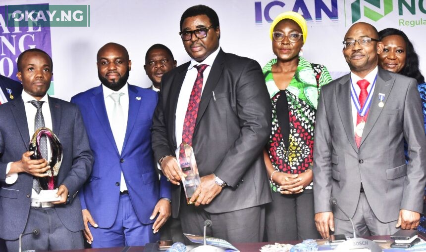 L-R: Head, External Report, Finance, Dangote Cement Plc, Paul Masvongo; Chief Executive Officer, NGX Regulation Limited, Olufemi Shobanjo; Chief Financial Officer, Dangote Sugar Refinery Plc, Dr. Isiaka Bello; Deputy Company Secretary/General Counsel, Dangote Cement Plc, Edward Imoedemhe; Head, Sustainability, Dangote Cement Plc, Dr. Igazeuma Okoroba; President, Institute of Chartered Accountants of Nigeria (ICAN), Dr. Innocent Okwuosa; Company Secretary/Legal Adviser, Dangote Sugar Refinery Plc, Temitope Hassan, at the Maiden Edition of 2024 ICAN NGX Corporate Reporting Award, where Dangote Cement won the Platinum and Corporate Governance Award, in Lagos, on Friday, May 17, 2024.