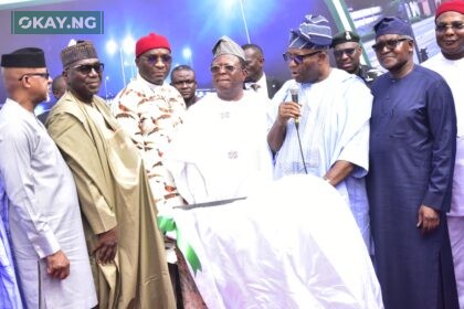 L--R, Ogun state Governor, Prince Dapo Abiodun, Kwara State Governor AbdulRahman AbdulRasaq, Deputy Speaker House of Representatives, Hon. Benjamin Okezie, Minister of Works Sen. David Nweze Umahi,Senate president sen. GodsWill Akpabio, Represent the President, President/CE, Dangote Industries Limited, Aliko Dangote, Imo State Governor, Hope Adidaka Uzodinma,, At the Official Commissioning of Dangote Industries Ltd, Reconstructed Apapa -OWoronshoki - Ojota Expressway Lagos on Sunday 26th May, 2024