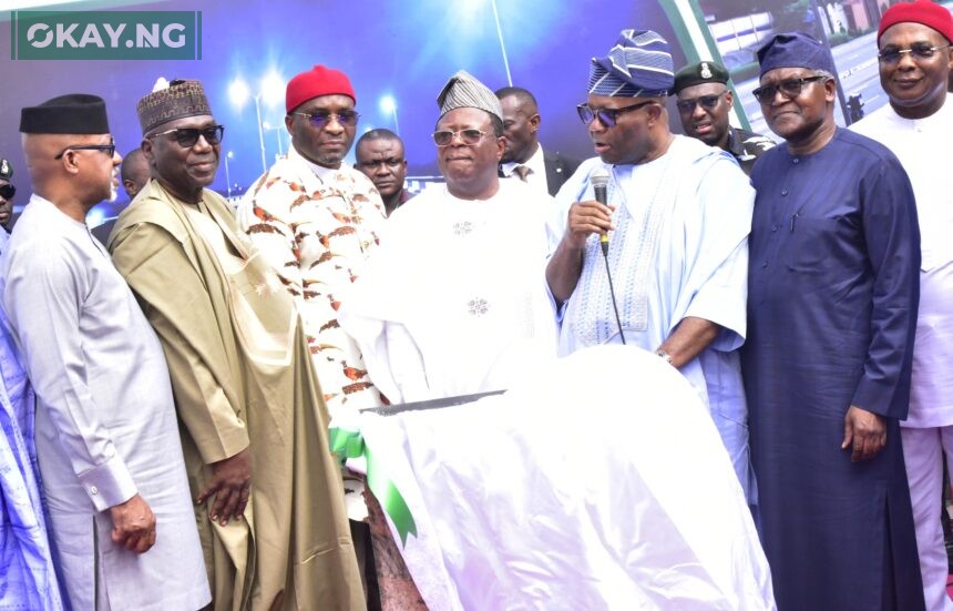 L--R, Ogun state Governor, Prince Dapo Abiodun, Kwara State Governor AbdulRahman AbdulRasaq, Deputy Speaker House of Representatives, Hon. Benjamin Okezie, Minister of Works Sen. David Nweze Umahi,Senate president sen. GodsWill Akpabio, Represent the President, President/CE, Dangote Industries Limited, Aliko Dangote, Imo State Governor, Hope Adidaka Uzodinma,, At the Official Commissioning of Dangote Industries Ltd, Reconstructed Apapa -OWoronshoki - Ojota Expressway Lagos on Sunday 26th May, 2024