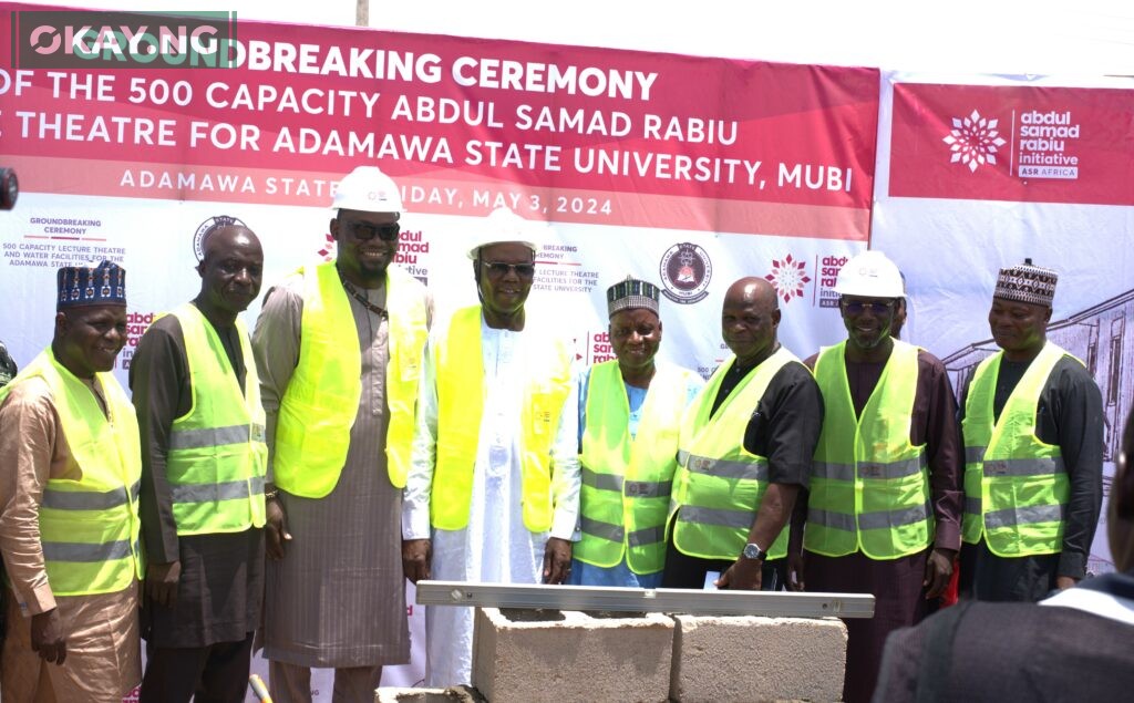 L-R: Pst. Aaron M. Usman, Establishment Secretary; Dr. Musa Dauda Bassi, University Librarian; Dr. Ubon Udoh, MD/CEO, ASR Africa; Dr.Stephen A.Lagu, Ag Vice-Chancellor; Mal.Aminu Aliyu Alkali, Registrar; Mr. Mohammed Y. Pahuwa, Bursar; Engr E. B. Filli, Director, Physical Planning & Devt., and Prof. Lazarus G Ndatuwong, Director, Academic Planning at the groundbreaking.