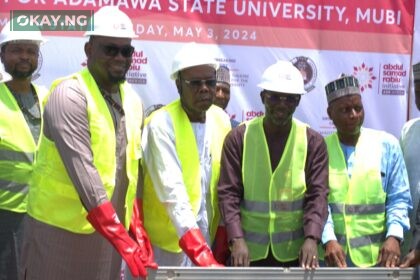 L-R: Nakama Keri, Multilateral Coordination Specialist, ASR Africa; Dr. Ubon Udoh, MD/CEO, ASR Africa; Dr. Stephen A. Lagu, Ag. Vice Chancellor, Adamama State University; Engr E. B. Filli, Director, Physical Planning & Devt., and Mallam Aminu Aliyu Alkali, Registrar at the Groundbreaking Ceremony in Mubi, Adamawa State.