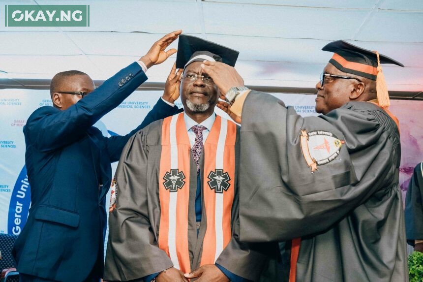Officials of Gerar University of Medical Sciences conducting the official turbaning and investiture of Dr. Taiwo Afolabi, Chairman, SIFAX Group as the first Chancellor of Gerar University of Medical Sciences, Imope-Ijebu, held over the weekend at the university premises