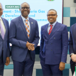 Managing Director, The Shell Petroleum Development Company of Nigeria Ltd. and Country Chair, Shell Companies in Nigeria, Osagie Okunbor; Oyo State Governor, Seyi Makinde; Managing Director, Shell Nigeria Gas, Ralph Gbobo, and Vice President , Shell Energy Trading EU & Africa, Bob Kijkuit, at the signing of a gas agreement between SNG and Oyo State Government to develop a gas supply and distribution infrastructure in the state… held at the Shell Group headquarters in London