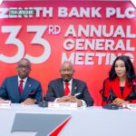 Founder and Chairman of Zenith Bank Plc, Jim Ovia, CFR (Centre) flanked by the Group Managing Director/Chief Executive, Dr. Ebenezer Onyeagwu (Left) and the Deputy Managing Director, Dame (Dr.) Adaora Umeoji, OON (Right) during the 33rd Annual General Meeting (AGM) of the bank held at The Civic Centre, Victoria Island, Lagos yesterday.