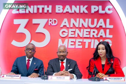 Founder and Chairman of Zenith Bank Plc, Jim Ovia, CFR (Centre) flanked by the Group Managing Director/Chief Executive, Dr. Ebenezer Onyeagwu (Left) and the Deputy Managing Director, Dame (Dr.) Adaora Umeoji, OON (Right) during the 33rd Annual General Meeting (AGM) of the bank held at The Civic Centre, Victoria Island, Lagos yesterday.