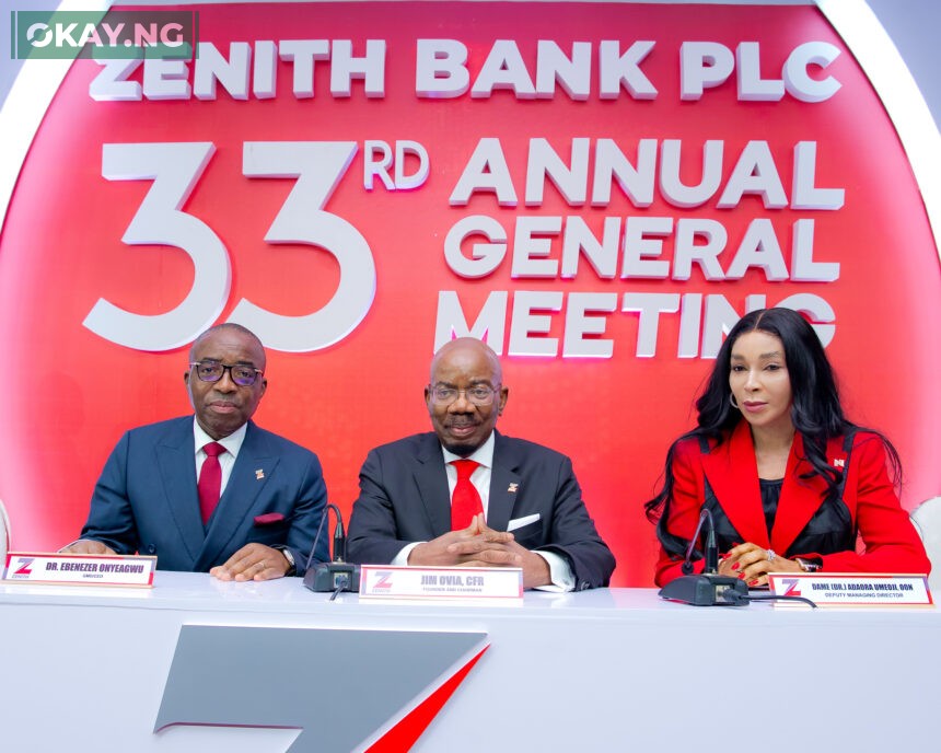 Founder and Chairman of Zenith Bank Plc, Jim Ovia, CFR (Centre) flanked by the Group Managing Director/Chief Executive, Dr. Ebenezer Onyeagwu (Left) and the Deputy Managing Director, Dame (Dr.) Adaora Umeoji, OON (Right) during the 33rd Annual General Meeting (AGM) of the bank held at The Civic Centre, Victoria Island, Lagos yesterday.