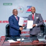 L-R: Chairman of Zenpay Limited, Dr. Ebenezer Onyeagwu and the Secretary-General of the African Continental Free Trade Area (AfCFTA) Secretariat, His Excellency Wamkele Mene, during the signing of an agreement for the development and deployment of the SMARTAfCFTA Portal to facilitate trade within the African continent, at Zenith Bank Headquarters, Ajose Adeogun Street, Victoria Island, Lagos on Friday.