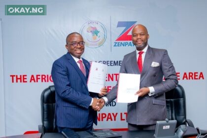 L-R: Chairman of Zenpay Limited, Dr. Ebenezer Onyeagwu and the Secretary-General of the African Continental Free Trade Area (AfCFTA) Secretariat, His Excellency Wamkele Mene, during the signing of an agreement for the development and deployment of the SMARTAfCFTA Portal to facilitate trade within the African continent, at Zenith Bank Headquarters, Ajose Adeogun Street, Victoria Island, Lagos on Friday.