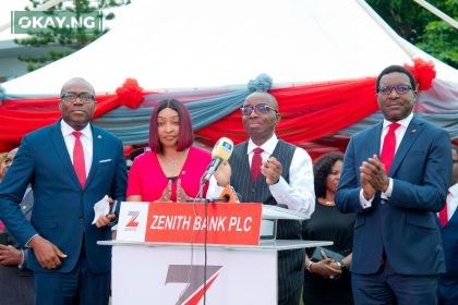 Outgoing Group Managing Director/Chief Executive, Zenith Bank Plc, Dr. Ebenezer Onyeagwu (2nd Right) flanked by Executive Director, Mr. Akin Ogunranti (1st Right); Executive Director, Dr. (Mrs.) Adobi Nwapa (3rd Right) and Executive Director, Mr. Adamu Lawani (4th Right) during the launch of the bank's state-of-the-art digital LED screen at Ajose Adeogun Roundabout, Victoria Island, Lagos, yesterday.