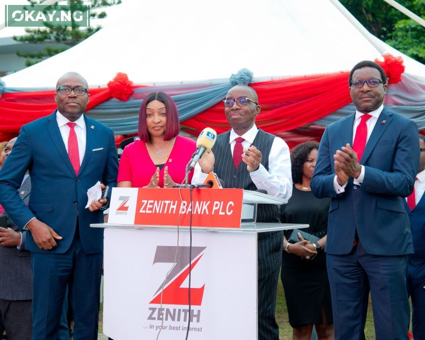 Outgoing Group Managing Director/Chief Executive, Zenith Bank Plc, Dr. Ebenezer Onyeagwu (2nd Right) flanked by Executive Director, Mr. Akin Ogunranti (1st Right); Executive Director, Dr. (Mrs.) Adobi Nwapa (3rd Right) and Executive Director, Mr. Adamu Lawani (4th Right) during the launch of the bank's state-of-the-art digital LED screen at Ajose Adeogun Roundabout, Victoria Island, Lagos, yesterday.