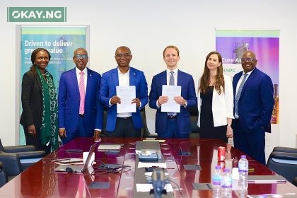 L-R: NNPC Ltd’s Executive Vice President, Upstream, Mrs. Oritsemeyiwa Eyesan; Chief Financial Officer, Mr. Umar Ajiya; Executive Vice President, Gas, Power & New Energy, Mr. Olalekan Ogunleye; CEO Golar LNG Ltd, Karl Fredrik Staubo (CEO) and two other officials from Golar LNG, during the signing ceremony of the Project Development Agreement (PDA) between the NNPC Ltd and Golar LNG Ltd for the deployment of a Floating Liquefied Natural Gas (LNG) offshore Niger Delta, Nigeria, on Monday.