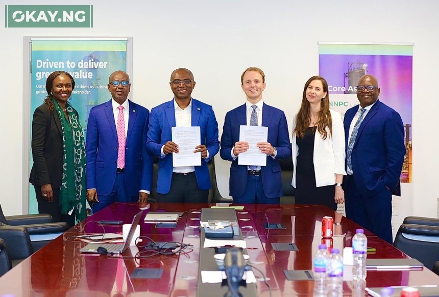 L-R: NNPC Ltd’s Executive Vice President, Upstream, Mrs. Oritsemeyiwa Eyesan; Chief Financial Officer, Mr. Umar Ajiya; Executive Vice President, Gas, Power & New Energy, Mr. Olalekan Ogunleye; CEO Golar LNG Ltd, Karl Fredrik Staubo (CEO) and two other officials from Golar LNG, during the signing ceremony of the Project Development Agreement (PDA) between the NNPC Ltd and Golar LNG Ltd for the deployment of a Floating Liquefied Natural Gas (LNG) offshore Niger Delta, Nigeria, on Monday.