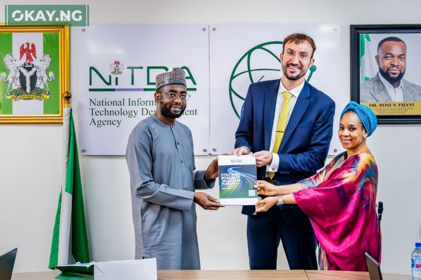 The Director General, NITDA, Kashifu Inuwa, CCIE presenting a copy of the agency’s Strategic Roadmap and Action Plan 2024-2027 to representatives of the Workd Bank and World Trade Organisation, Washington DC Office, Aleksandar Stojanor and Dr. Maryam Lawal for the Digital trade engagement