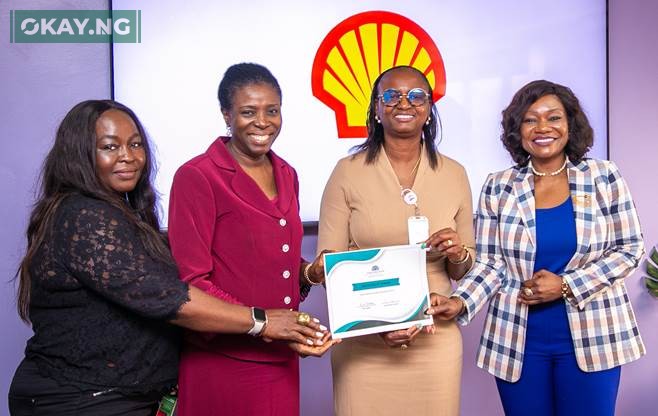 L-R: Executive Secretary, Women in Energy Network (WIEN), Asanimo Omezi; WIEN President, Eyono Fatayi-Williams; Managing Director, Shell Nigeria Exploration and Production Company Ltd (SNEPCo), Elohor Aiboni; and SNEPCo Asset and Business Opportunity Manager, Ibiyemi Asaolu, at the presentation of WIEN certificate of honour to Aiboni at SNEPCo headquarters, Lagos… on Tuesday.