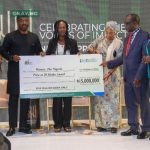 Caption: (L-R) Funke Egbemode (FNGE); Andy Odeh (NLNG); Prisca Sam-Duru of Vanguard newspaper; Kadaria Ahmed (Judge), Chido Nwakanma (Judge) and Anne-Marie Palmer-Ikuku (NLNG) during a one-time award to Prisca for her contributions to The Nigeria Prizes at the an event in Lagos themed “Celebrating the Voices of Impact” to celebrate the 20th anniversary of the prizes...recently.