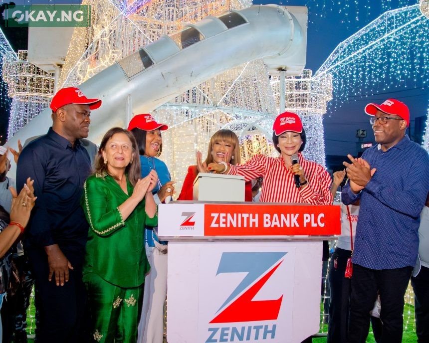 L-R: Executive Director, Zenith Bank Plc, Mr. Henry Oroh; General Manager, Quantum Markets, Mrs. Dani Punam; Executive Director, Zenith Bank, Mrs. Adobi Nwapa; Wife of the Founder and Chairman of Zenith Bank Plc, Mrs. Kay Ovia; Group Managing Director/Chief Executive, Zenith Bank Plc, Dame (Dr.) Adaora Umeoji, OON; and Executive Director, Zenith Bank, Mr. Adamu Lawani during the 2024 Zenith Bank Christmas Light-Up of Ajose Adeogun Street, Victoria Island, Lagos at the weekend.