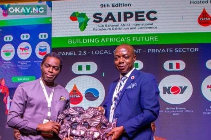 General Manager, Nigerian Content Development, The Shell Petroleum Development Company of Nigeria Limited (SPDC), Olanrewaju Olawuyi and Chairman, Petroleum Technology Association of Nigeria (PETAN), Wole Ogunsanya at the 9th Sub-Saharan Africa International Petroleum Exhibition and Conference (SAIPEC) in Lagos on Wednesday