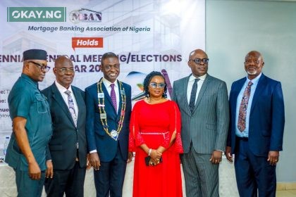 From Left to Right (L-R): Mr Ime Okon (Deputy President East, MD Akwa Savings); Mr Mac-Yoroki (Immediate Past President, MD Citycode Mortgage Bank); Mr Ayo Olowookere (President & Chairman of Council, MD Imperial Homes Mortgage Bank); Mrs Joan Adenuga(Legal Adviser); Mr. Arinze Adigwe (Vice President & MD of Homebase Mortgage Bank); Mr. Arinze Adigwe (Vice President & MD of Homebase Mortgage Bank); and Dr. Adedeji Ajadi (Executive Secretary, MBAN).